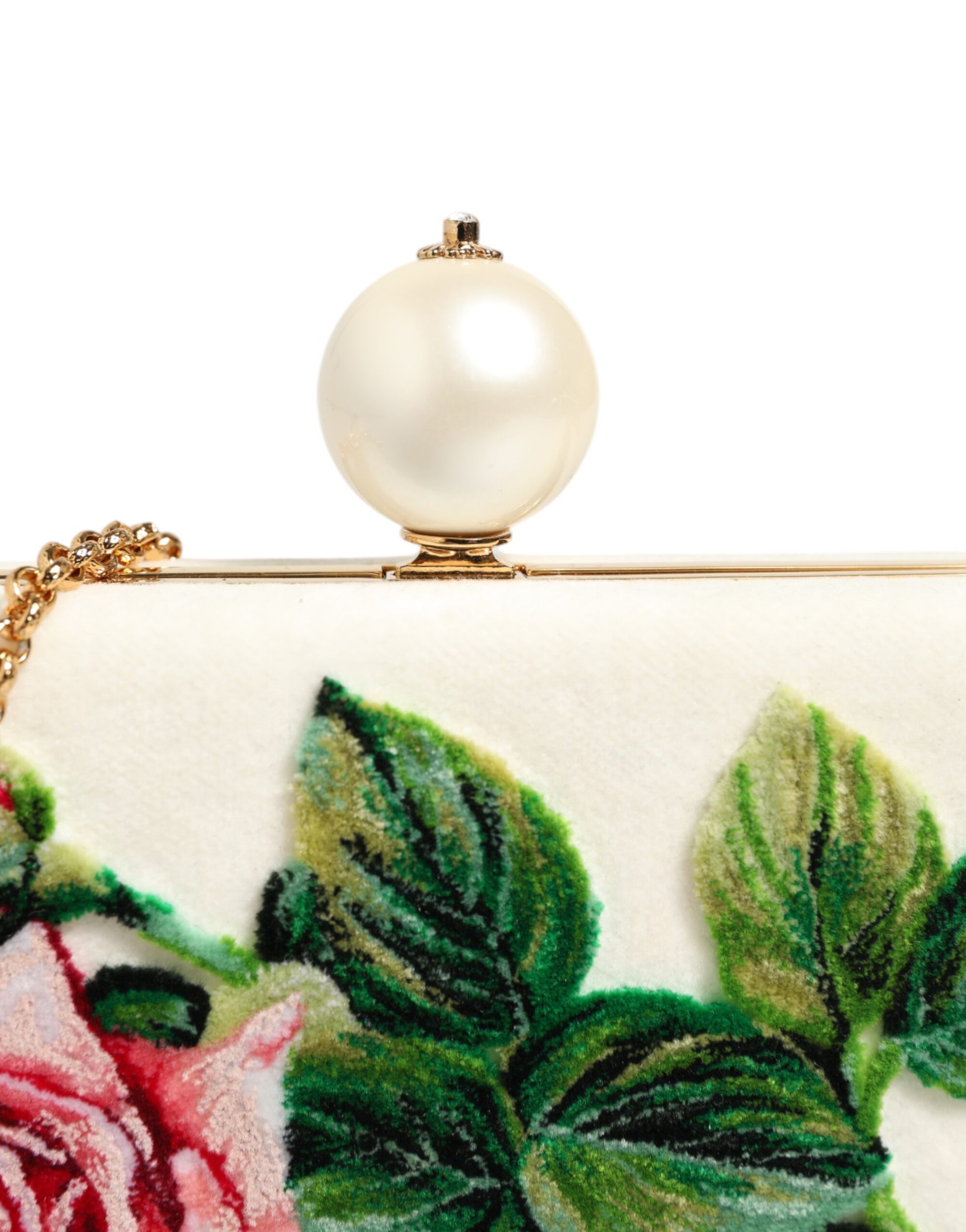 Dolce & Gabbana White Rose Embroidery Silk Gold Frame Clutch Purse Bag by Dolce & Gabbana