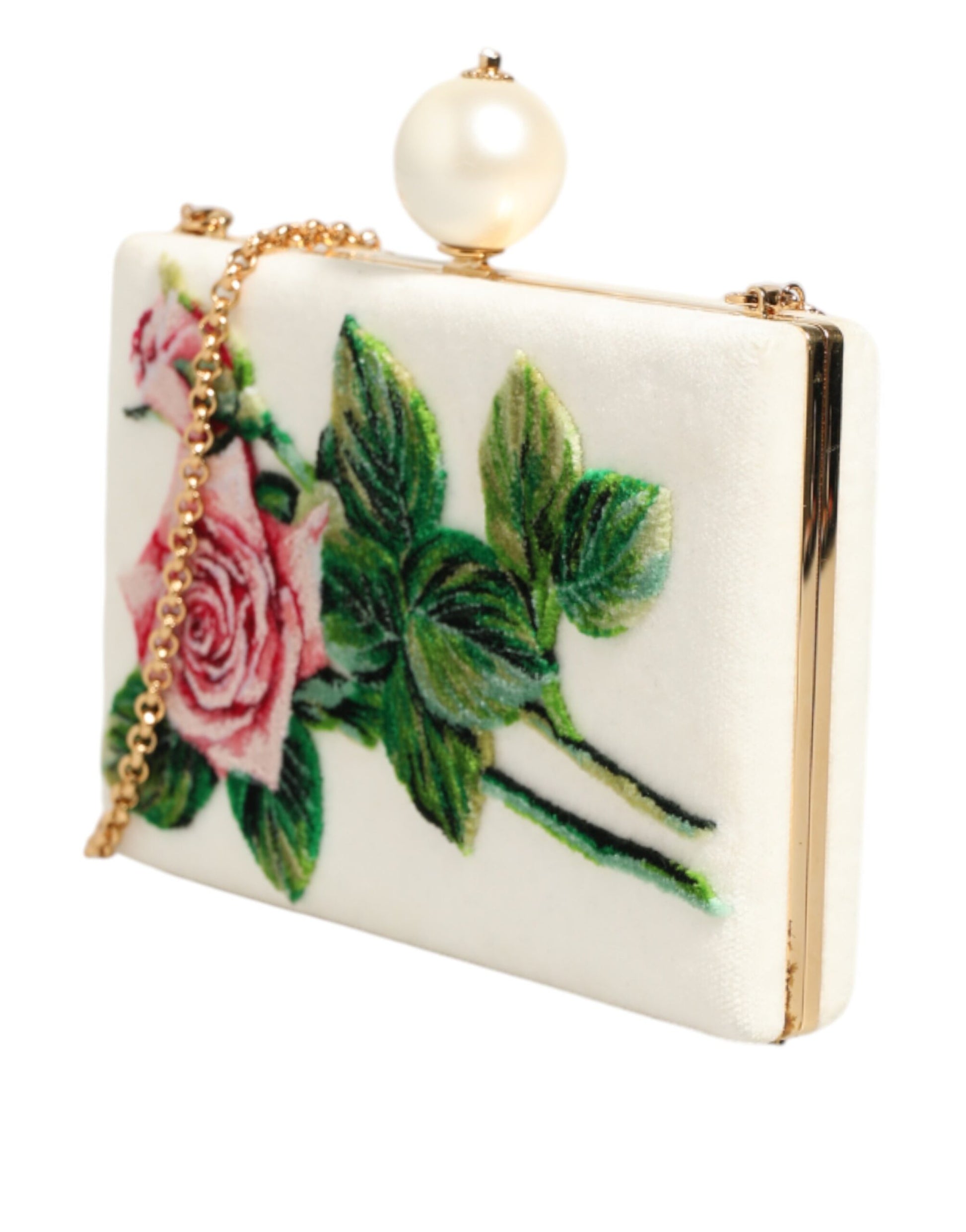 Dolce & Gabbana White Rose Embroidery Silk Gold Frame Clutch Purse Bag by Dolce & Gabbana