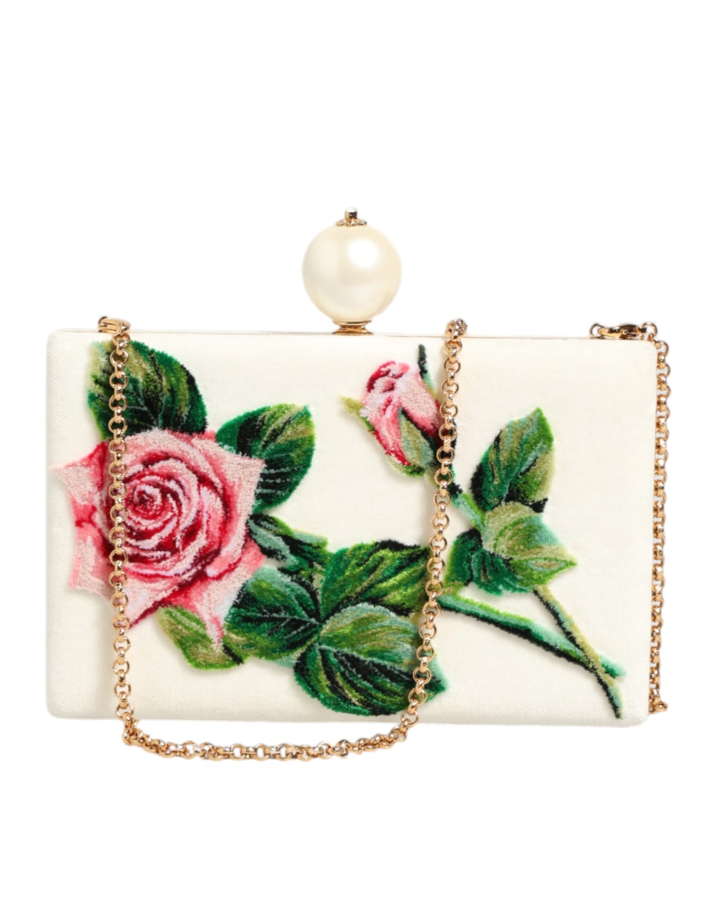 Dolce & Gabbana White Rose Embroidery Silk Gold Frame Clutch Purse Bag by Dolce & Gabbana