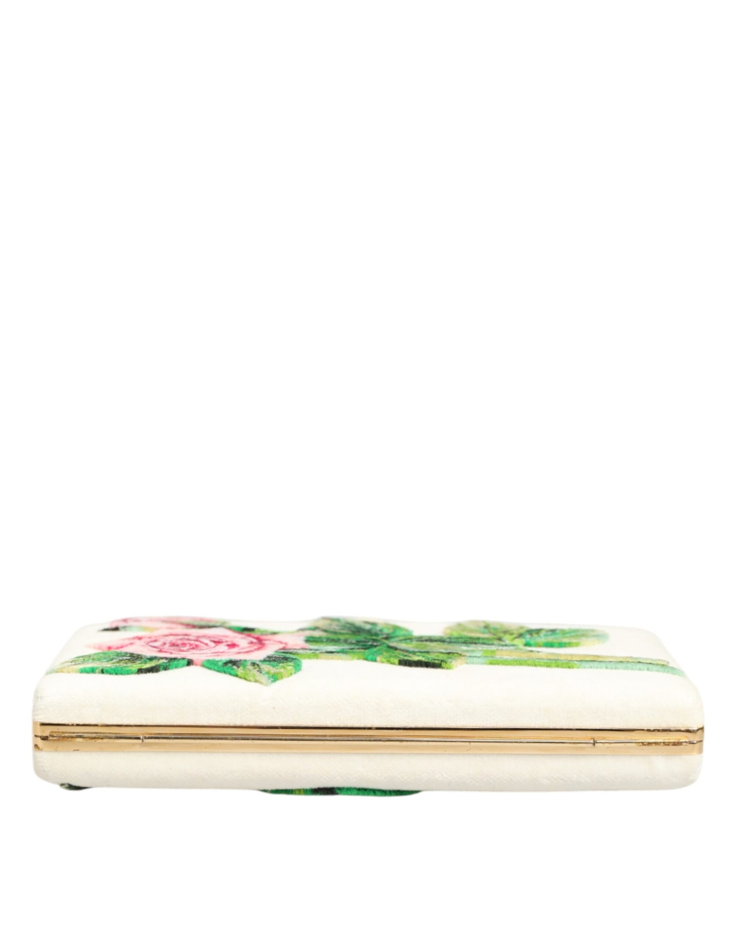 Dolce & Gabbana White Rose Embroidery Silk Gold Frame Clutch Purse Bag by Dolce & Gabbana