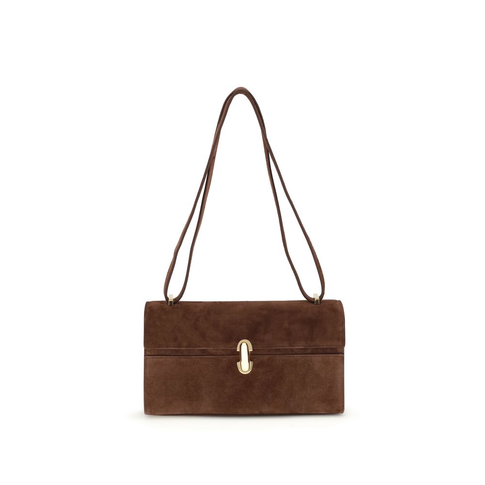 Brown suede handbag with a gold clasp on a white background