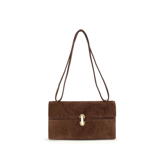 Brown suede handbag with a gold clasp on a white background