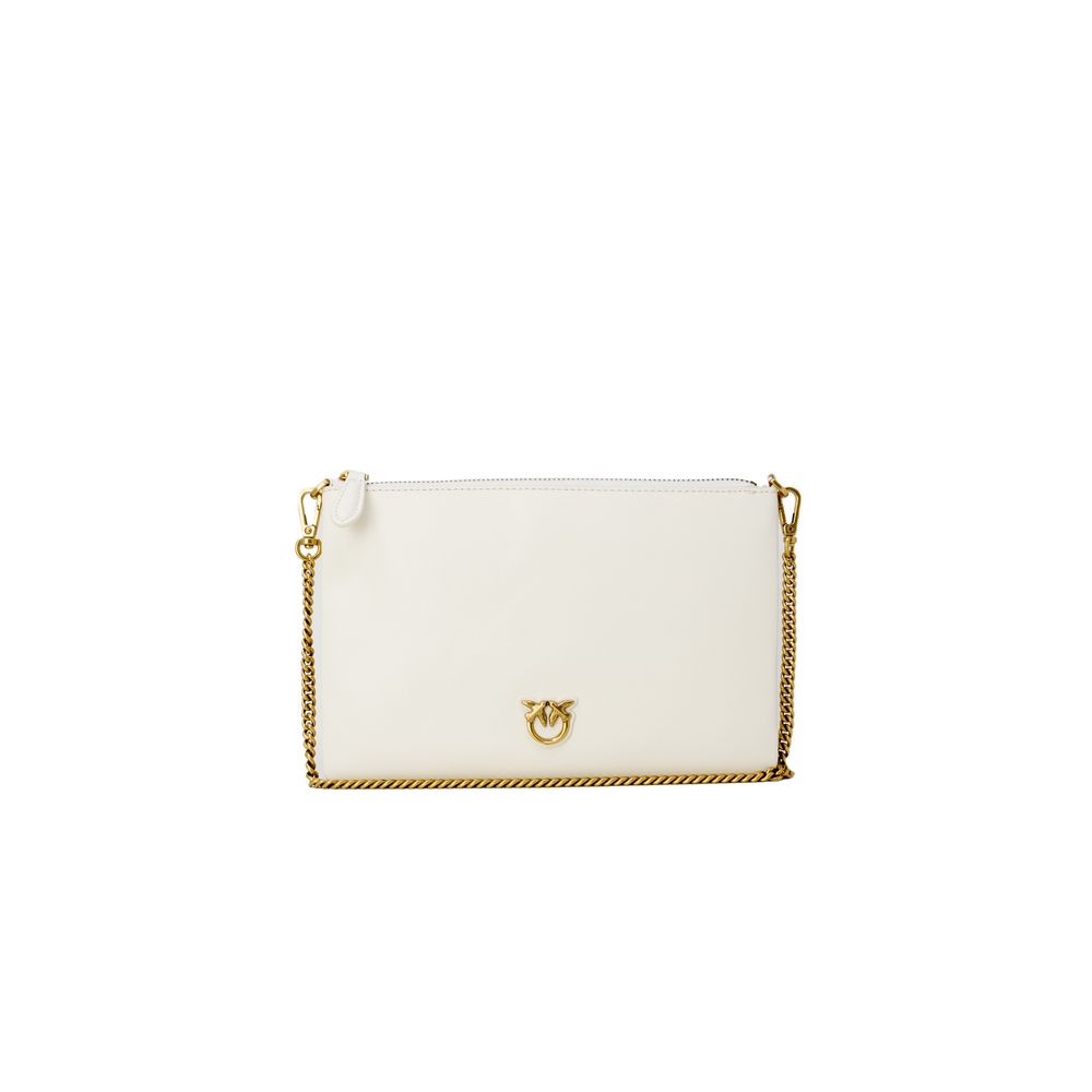White handbag with gold chain strap on a white background