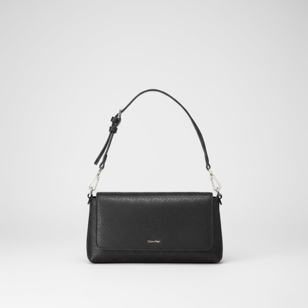 Black handbag with brand logo on a white background