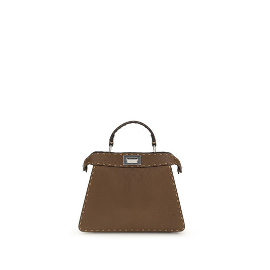 Brown handbag with a silver clasp on a white background