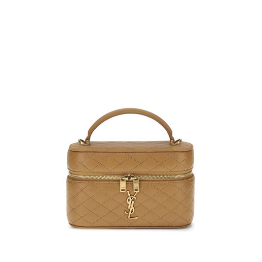 Tan quilted handbag with gold YSL logo on a white background