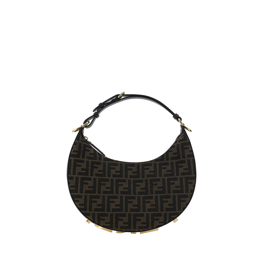 Black handbag with gold accents on a white background