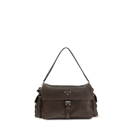 Brown leather handbag on a white background