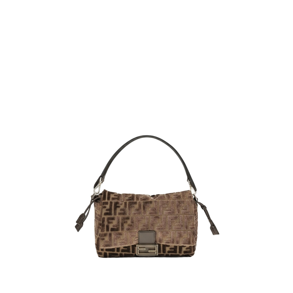 Brown handbag with a pattern on a white background