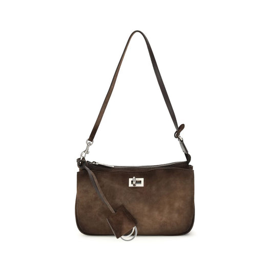 Brown handbag with a strap on a white background