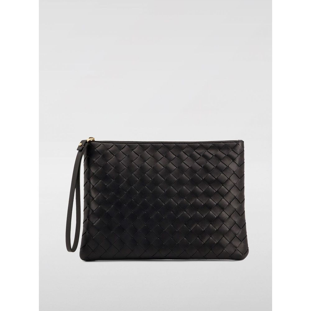 Black woven clutch bag on a light gray background