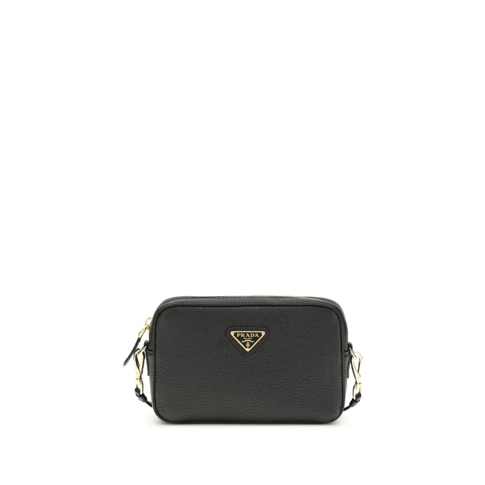 Black handbag with Prada logo on a white background