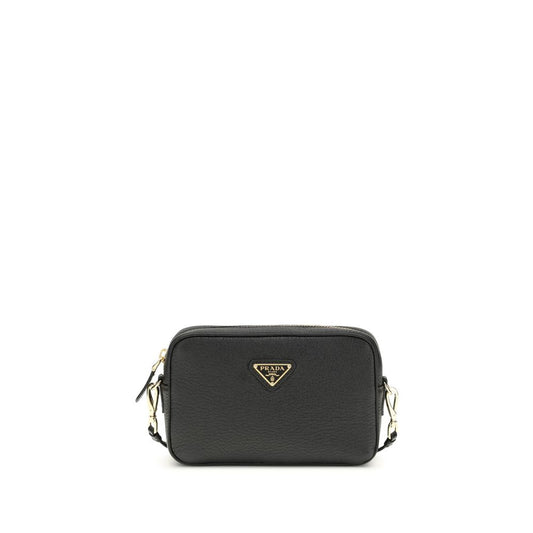 Black handbag with Prada logo on a white background