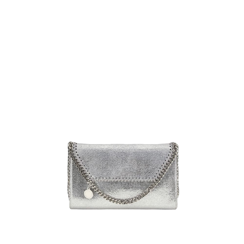 Silver clutch bag with chain detail on a white background