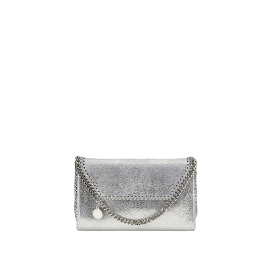 Silver clutch bag with chain detail on a white background