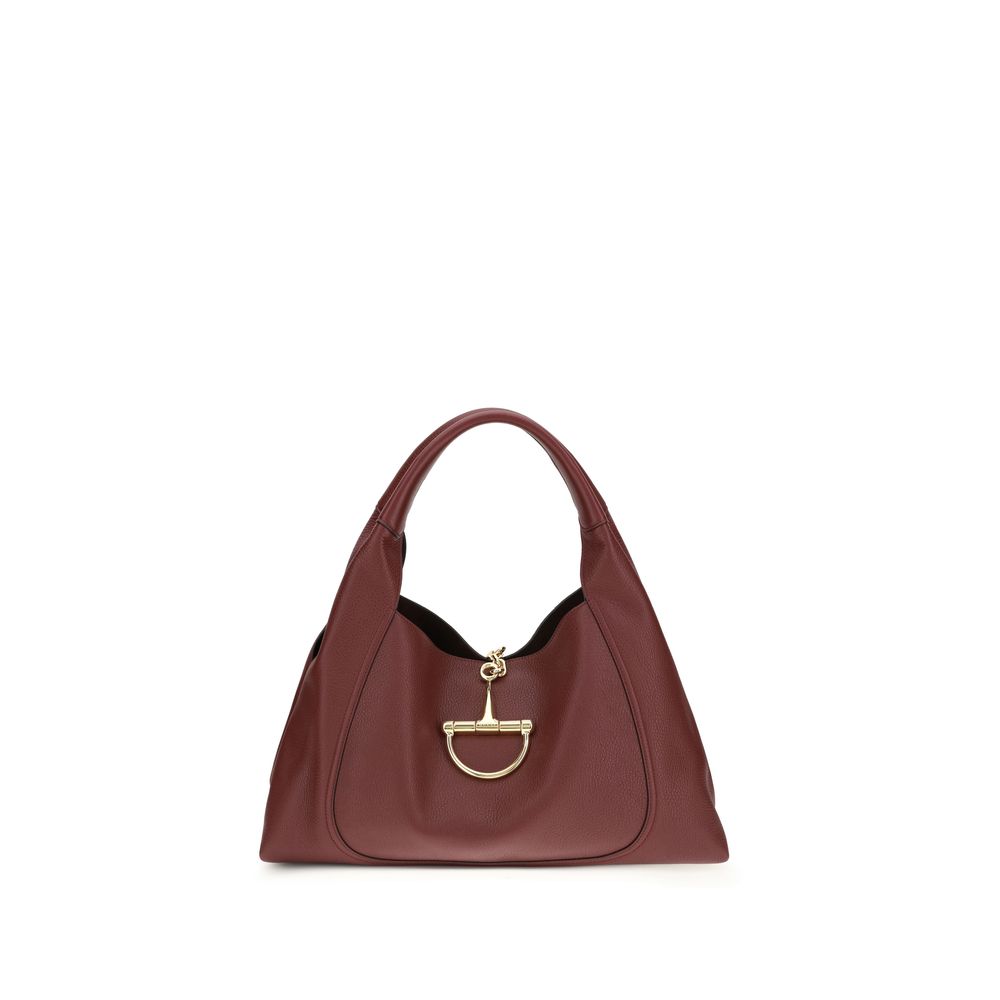 Brown handbag with a gold clasp on a white background