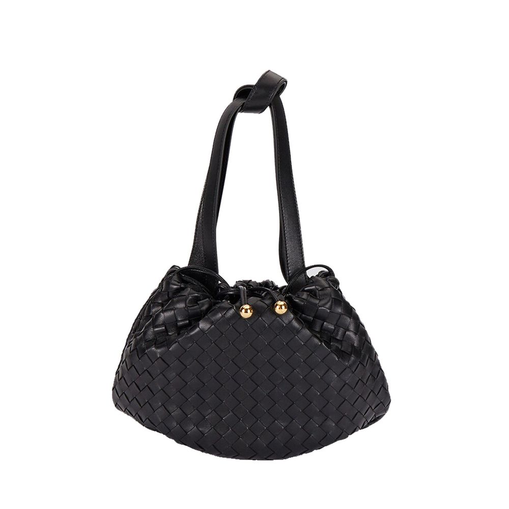 Black woven handbag with a gold clasp on a white background