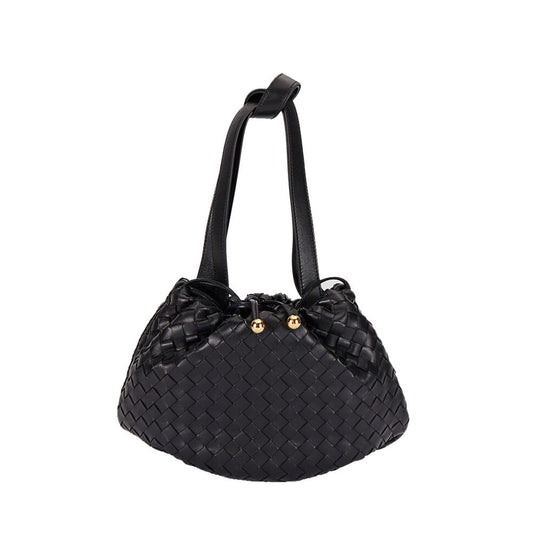 Black woven handbag with a gold clasp on a white background