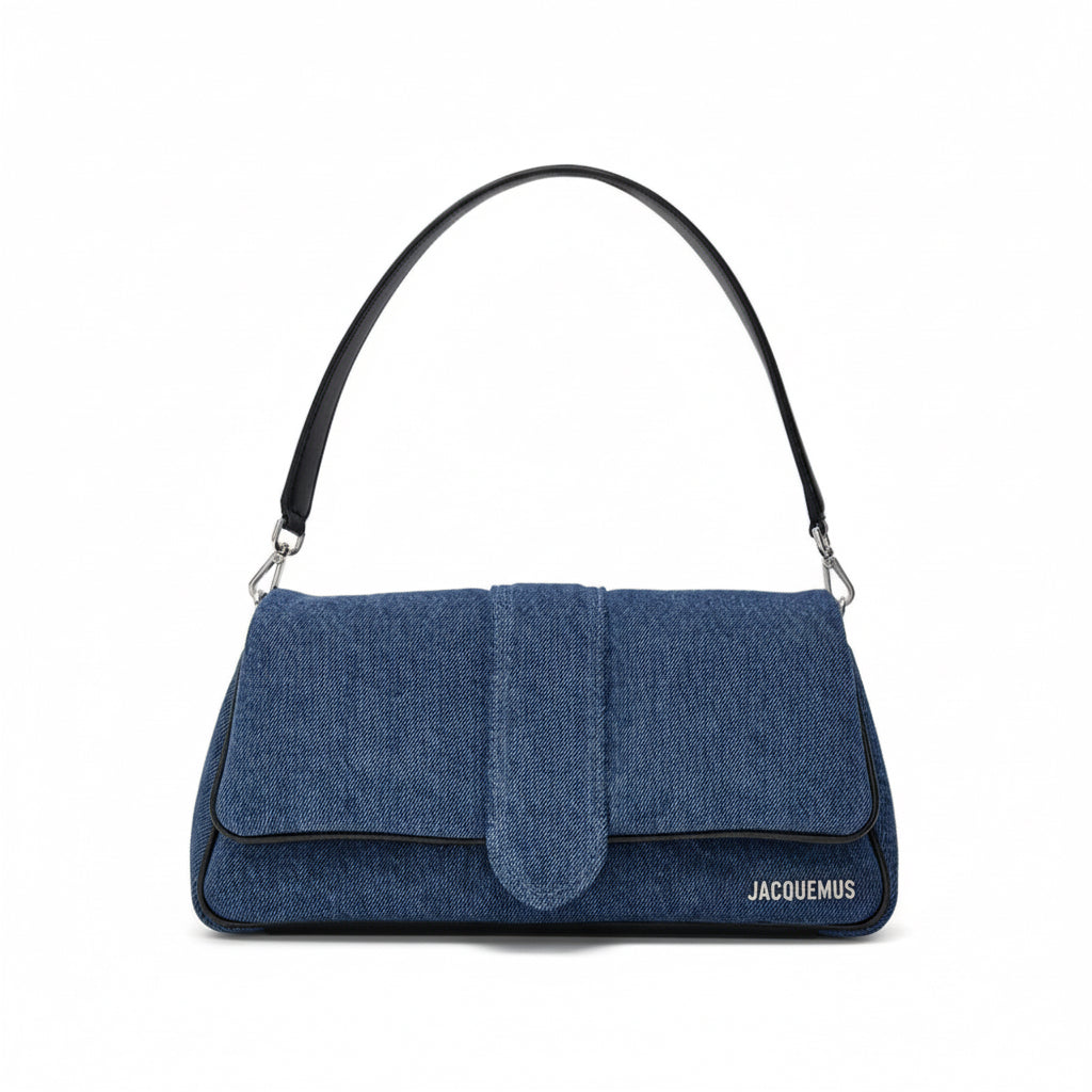 Blue handbag with black strap on a white background