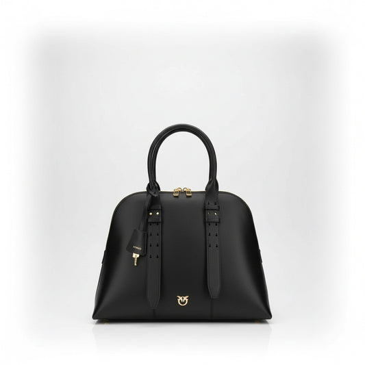 Black handbag with gold accents on a white background