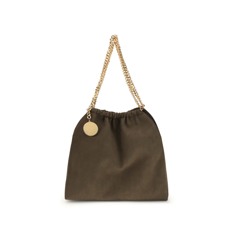 Brown drawstring bag with gold chain handle on a white background