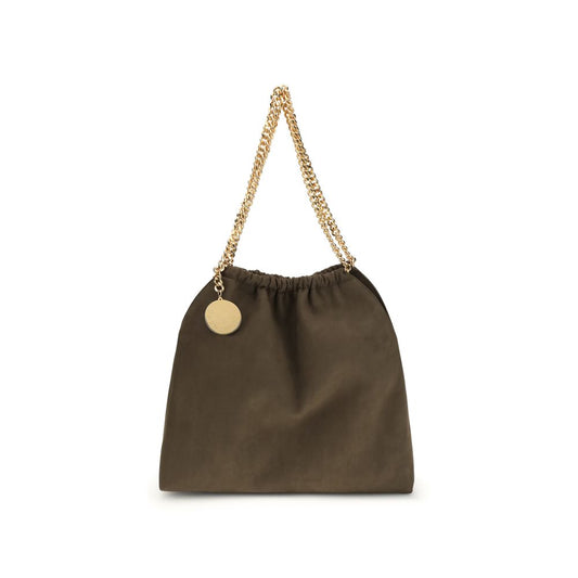 Brown drawstring bag with gold chain handle on a white background