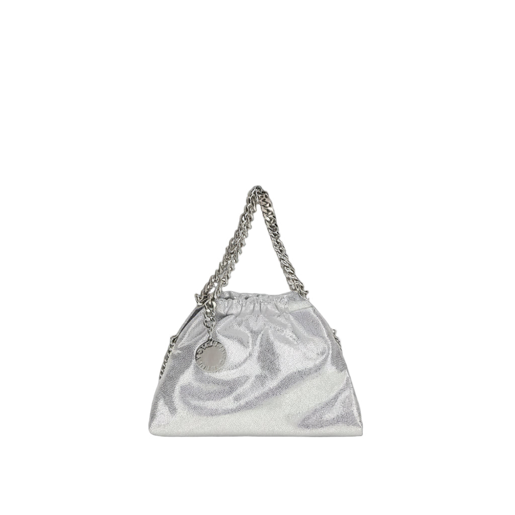 Silver handbag with chain handle on a white background