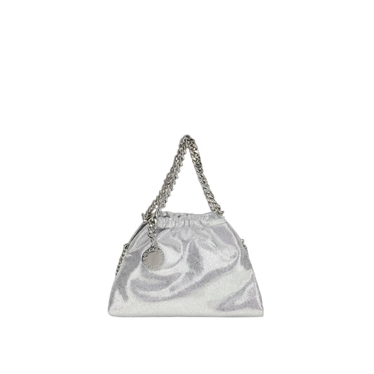 Silver handbag with chain handle on a white background