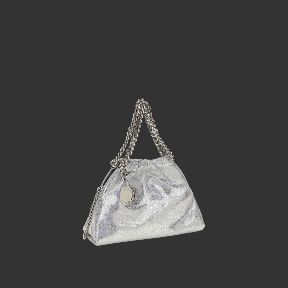 Silver handbag with chain strap on a white background