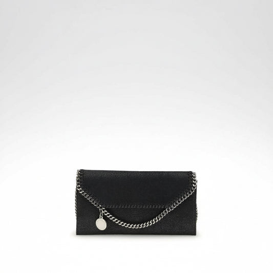 Black clutch with a chain detail on a white background