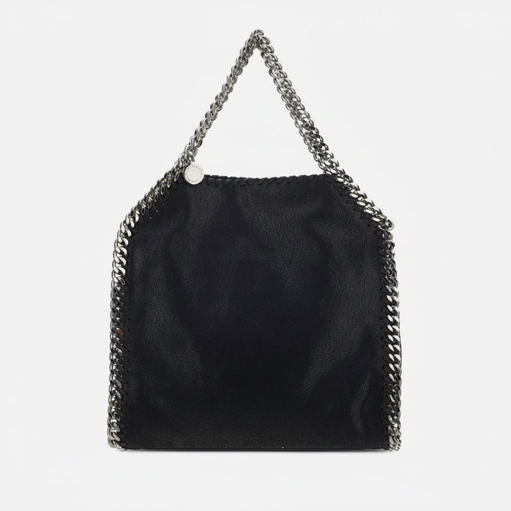 Black handbag with chain detail on a white background