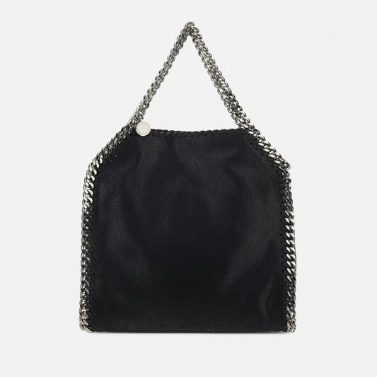Black handbag with chain detail on a white background