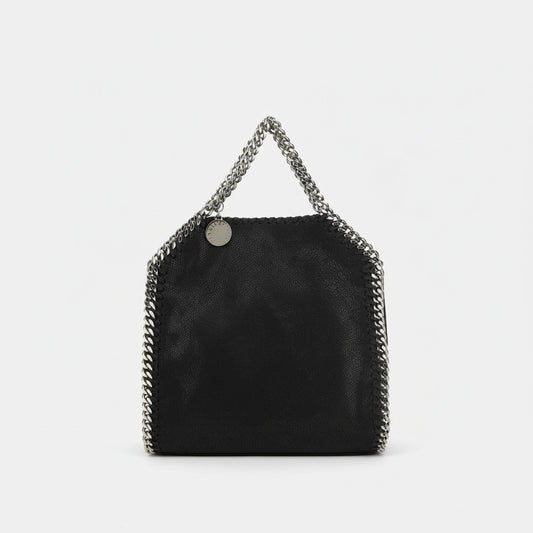 Black handbag with chain detail on a white background