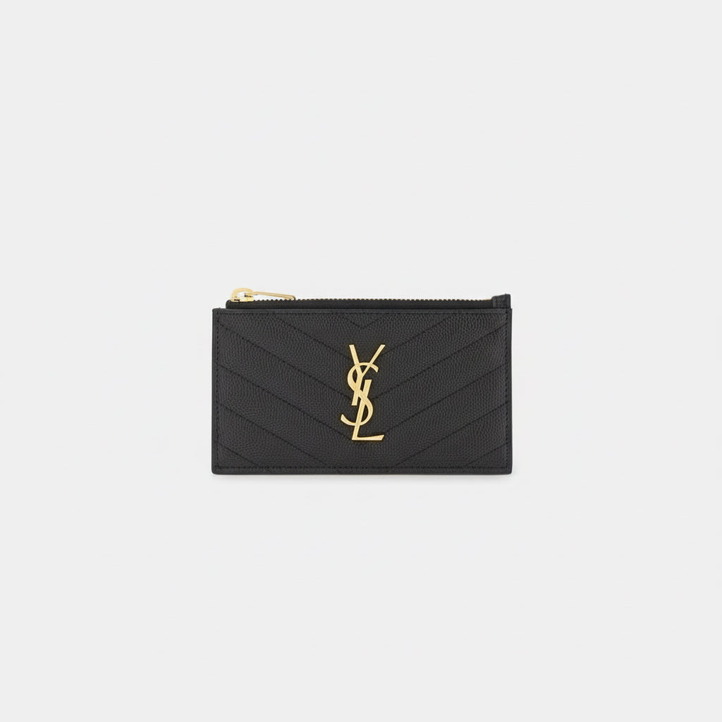 Black wallet with gold zipper and logo on a white background