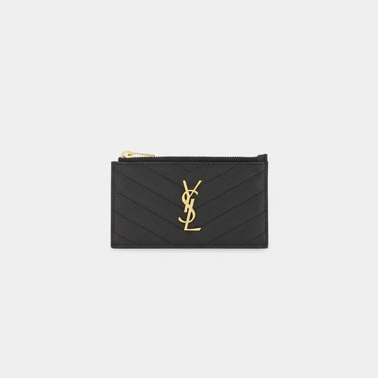 Black wallet with gold zipper and logo on a white background