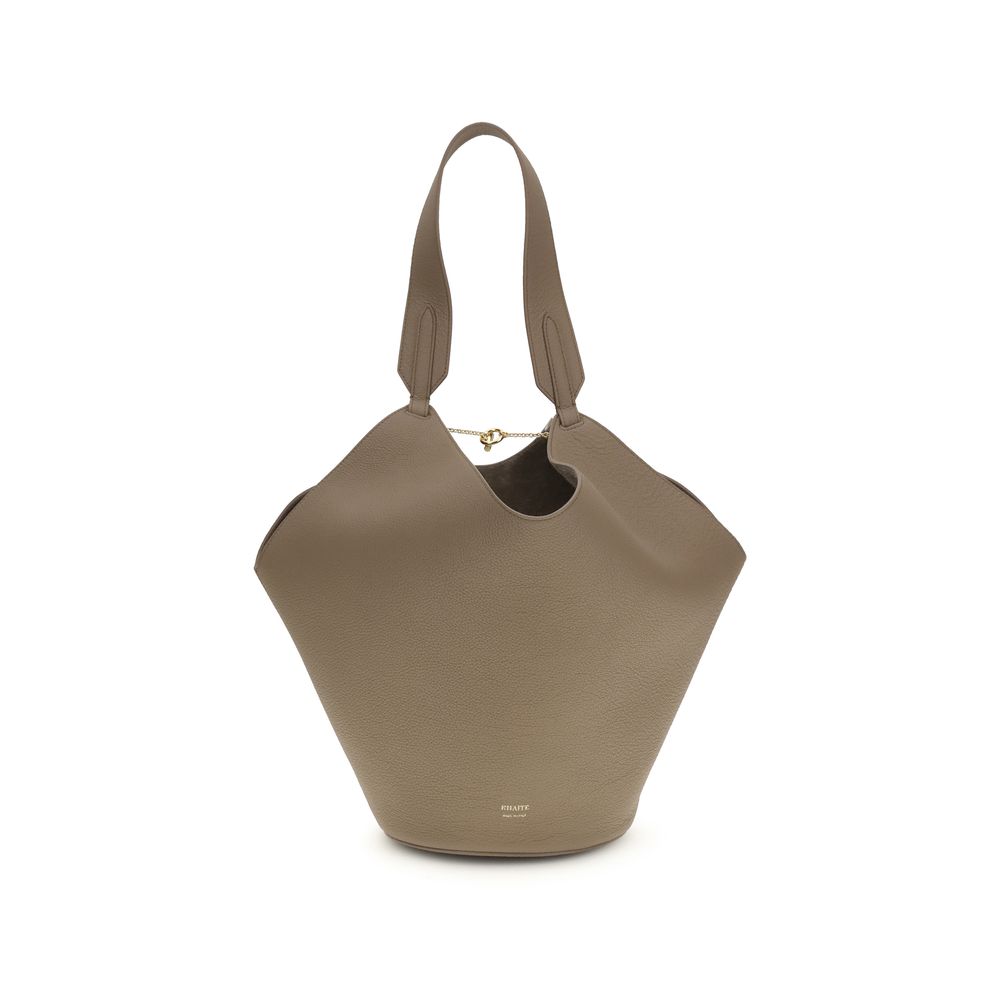 Beige handbag with a gold clasp on a white background
