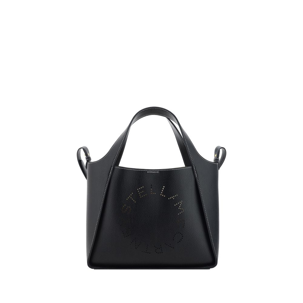 Black handbag with brand logo on a white background