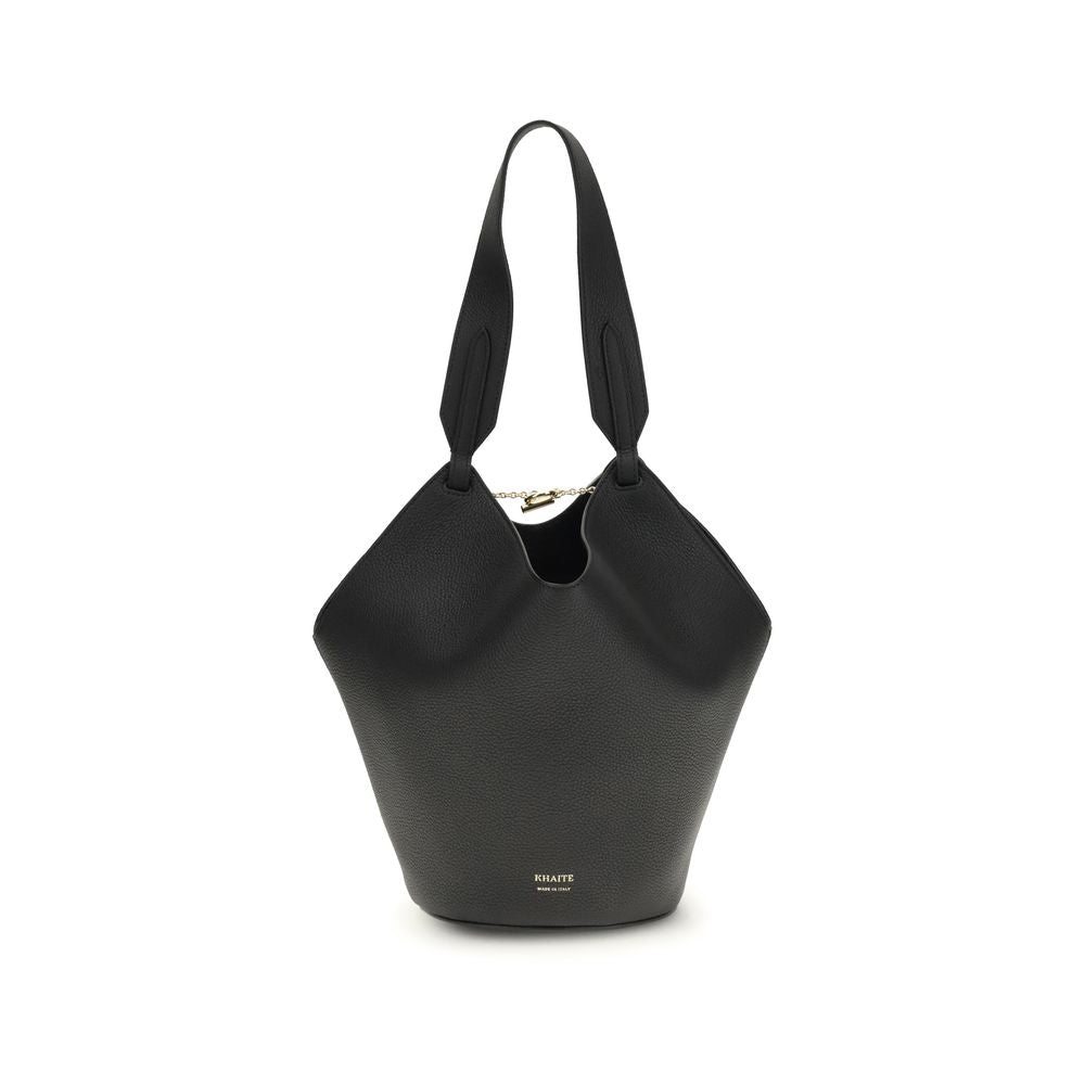 Black handbag with a unique design on a white background