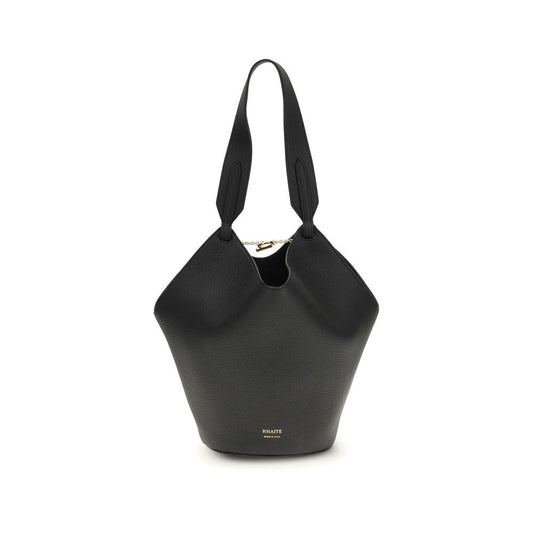 Black handbag with a unique design on a white background
